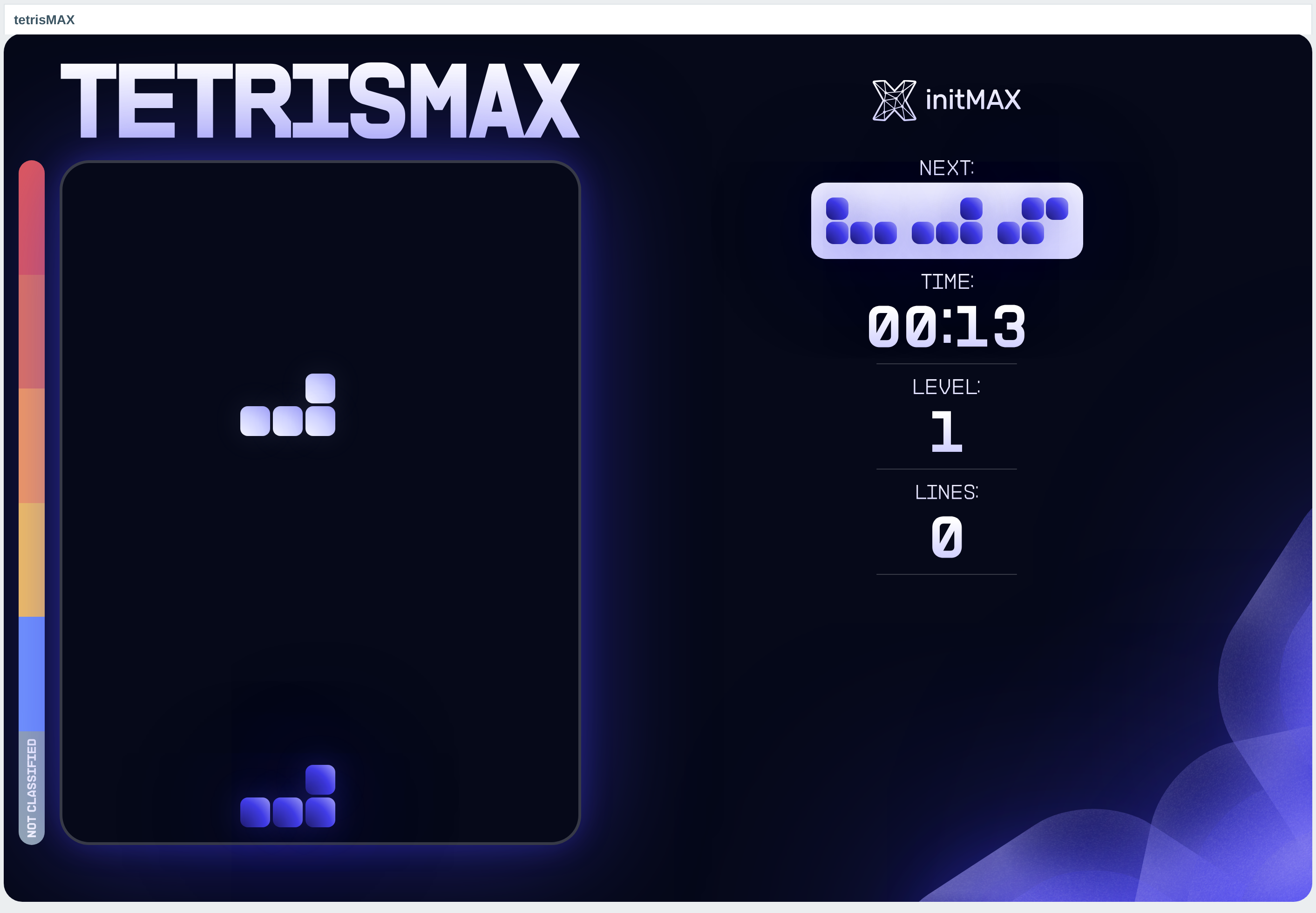 tetrisMAX hra - Herní plocha s přehledem následujících dílků a výsledků.