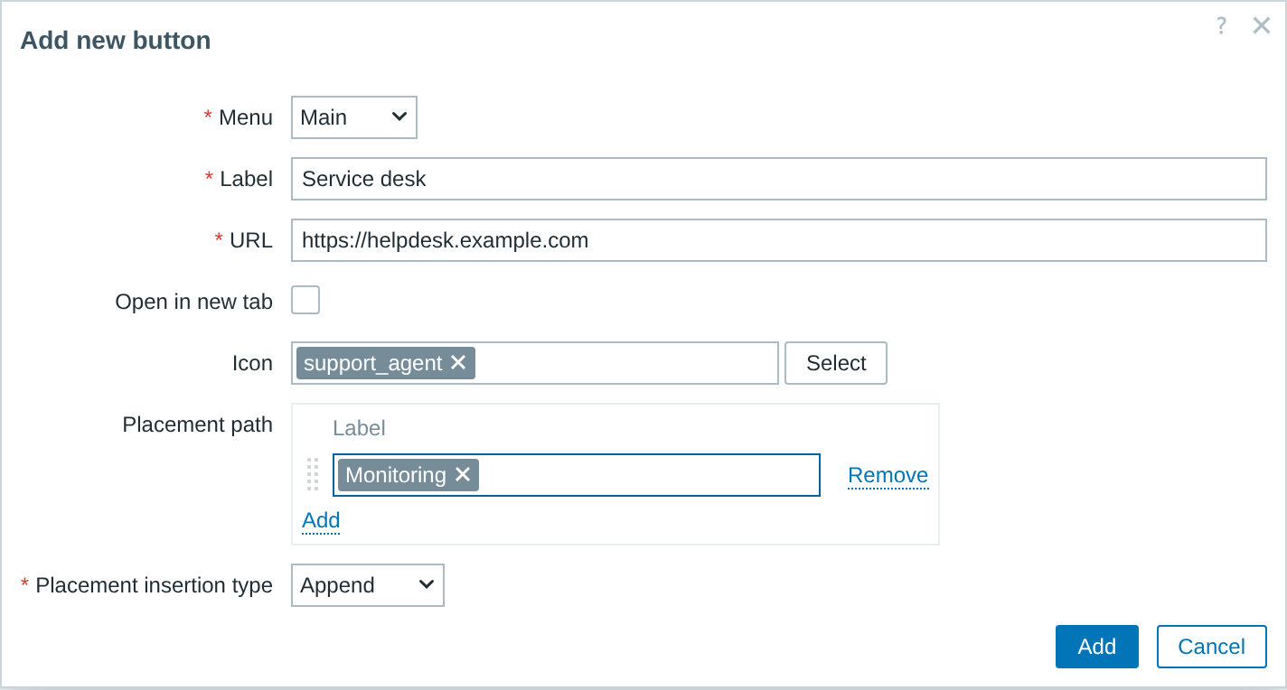 Custom menu buttons - Formulář zpřístupňuje všechny parametry vlastní položky.